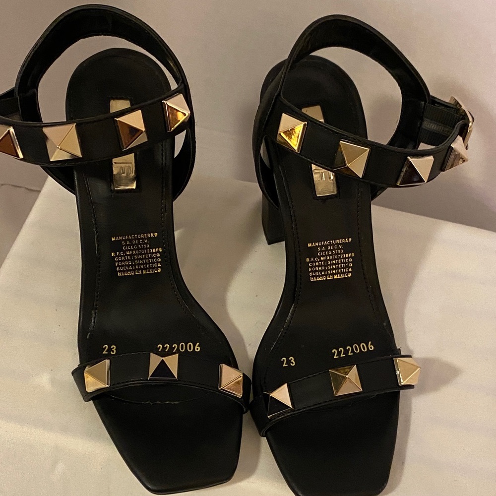 Fendi Black Leather Ankle-Strap Sandals with Gold Pyramid Studs